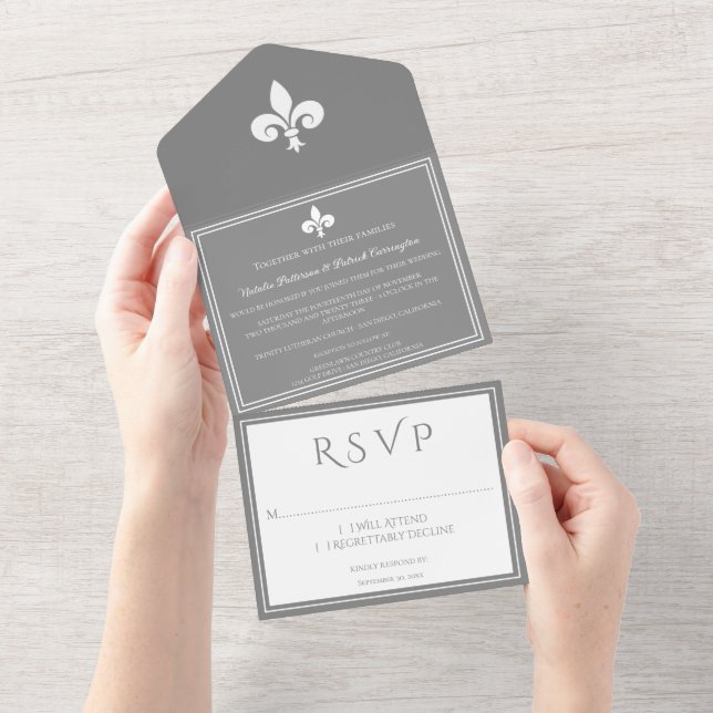 Cinza Fleur de Lis All in One Convite de casamento (Aba destacável)