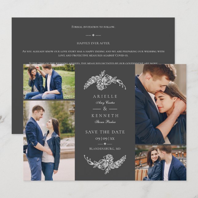 Cinza Floral 4 Fotos Casamento de Colagem Minimali (Frente/Verso)