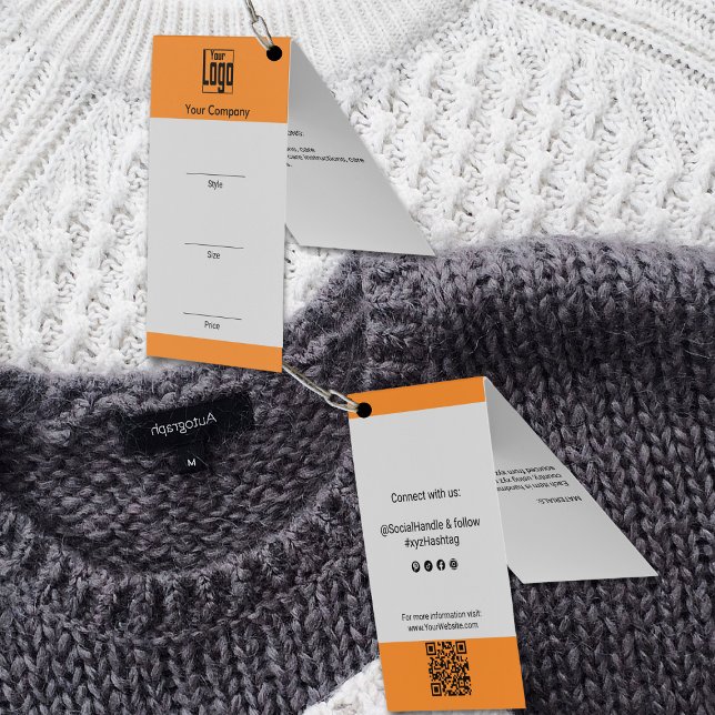 Cinza Laranja Logotipo QR Código de Vestuário Etiq (Gray Orange Logo QR Code Clothing Folded Price Tag)