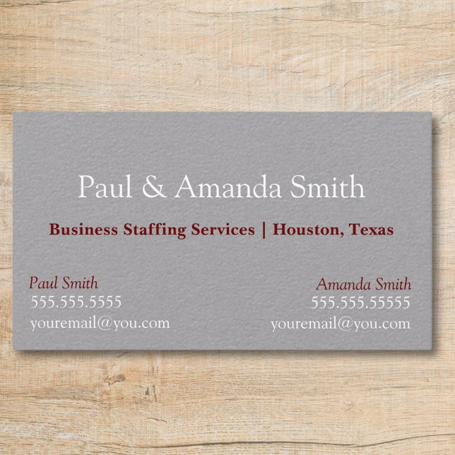 Cinza Moderno de Cartão de visita com 2 Nomes e Co (Grey business card with slot for two names professional  white and maroon text, 2 contacts)
