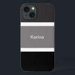 Cinza Personalizada, Na moda<br><div class="desc">Vocês vão adorar esta capa de telefone moderna,  química e na moda com uma cinza,  padrão de riscas preto e branco. Listras pretas e cinzas grandes com listras brancas pequenas. Personalizado com seu nome impresso em um texto branco.</div>