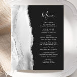 Cinza Prateada de Orçamento Menu Negra Negra Naufr<br><div class="desc">A borda esquerda deste elegante cardápio moderno de casamento apresenta uma cinza e uma aquarela branca aparada com falso brilho prateado. O texto personalizável combina o script de escrita manual de cinzas prateadas brancas e as fontes em um fundo preto de ardósia. O verso apresenta uma cinza e um design...</div>