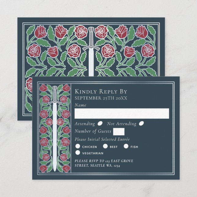 Cinza Prateado Espada Floral Medieval RSVP Casamen (Frente/Verso)