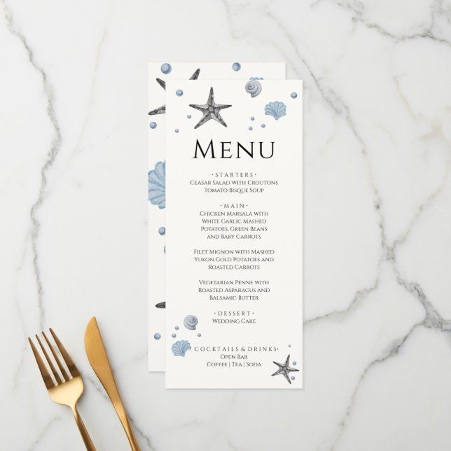 Cinza Starfish Blue Shells Beach Wedds Menu (Frente/Verso In Situ)