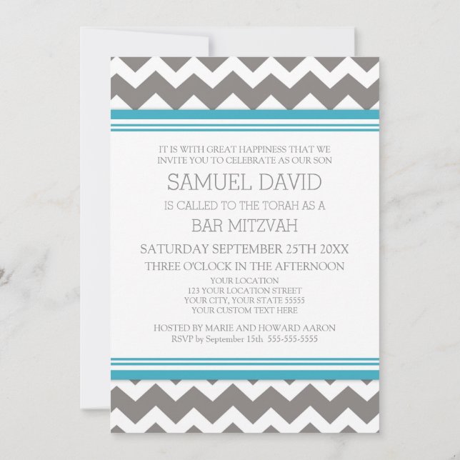 Cinza Teal Chevron Bar Mitzvah Convites (Verso)