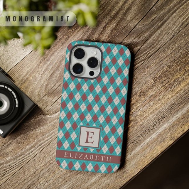 Cinza Verde Azul-Teal Personalizável Argyle Castan (Customizable Teal Blue Green Grey Brown Argyle iPhone Case)