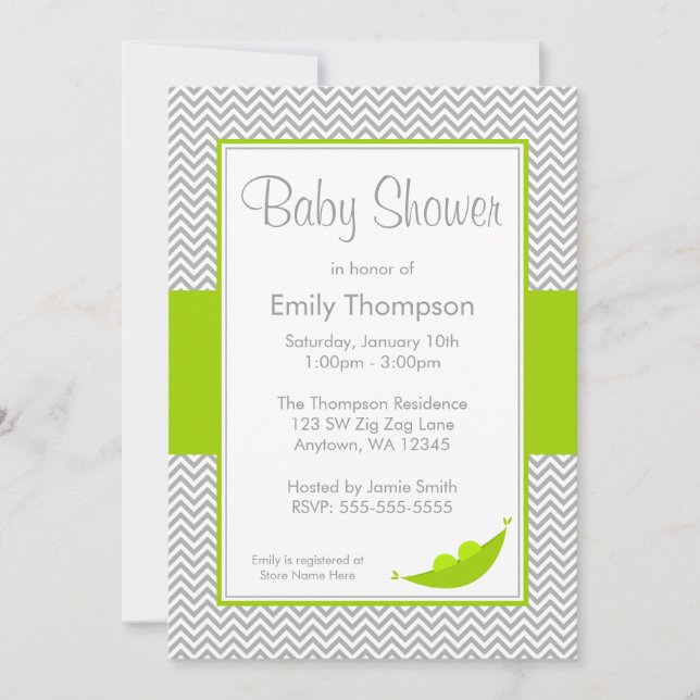 Cinza Verde Chevron Pea Pod Baby Shower Convites (Frente)