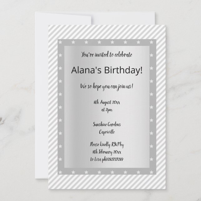 Cinzas de prata convites de festas STAR STRIPE (Frente)