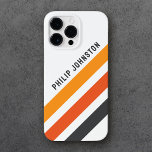 Cinzas e faixas retro-diagonais laranja brancas<br><div class="desc">capas de iphone com três faixas diagonais em cinzas escuras e dois tons de laranja em um fundo branco e seu nome personalizado em uma fonte ousada e moderna sans serif.</div>