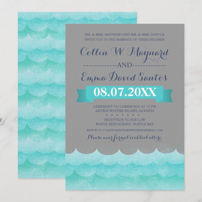 Cinzas Personalizadas Em Convites de casamento Mar (Frente/Verso)