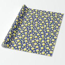 Círculos amarelos funky em papel de embrulho azul