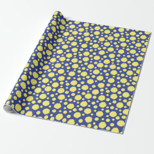 Círculos amarelos funky em papel de embrulho azul