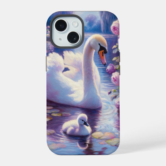 Cisne Branco e Filhote com Rosas Roxas (Verso)