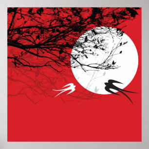 Cisne Oriental na Lua Zen Vermelho Poster