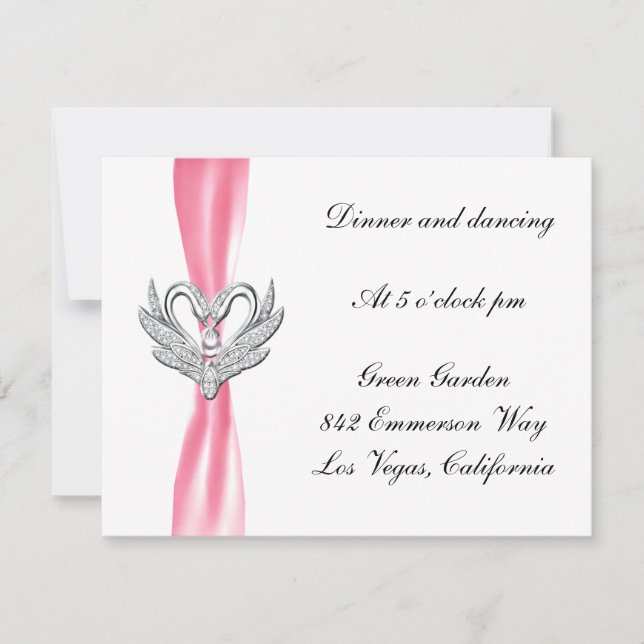 Cisnes Prateados com Laço Rosa Cartão de Recepção (Frente)