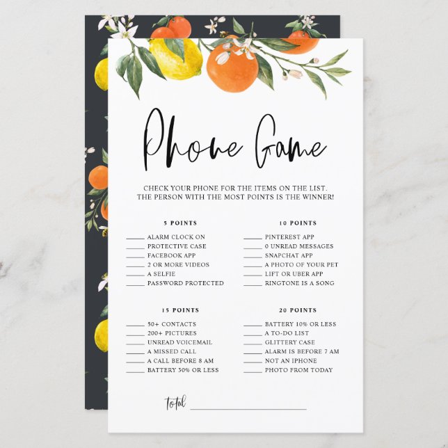 Citrus Botanical What's On Your Phone Chá Game (Frente/Verso)