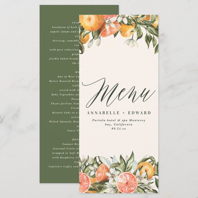 Citrus orange botânica moderna menu rústico (Frente/Verso)