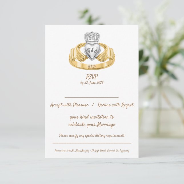 Claddagh Anel de Casamento RSVP com Iniciais e Dat (Em pé/Frente)