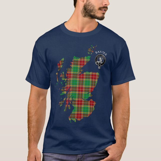 Clan Baxter Tartan Map & Crest T-Shirt (Frente)
