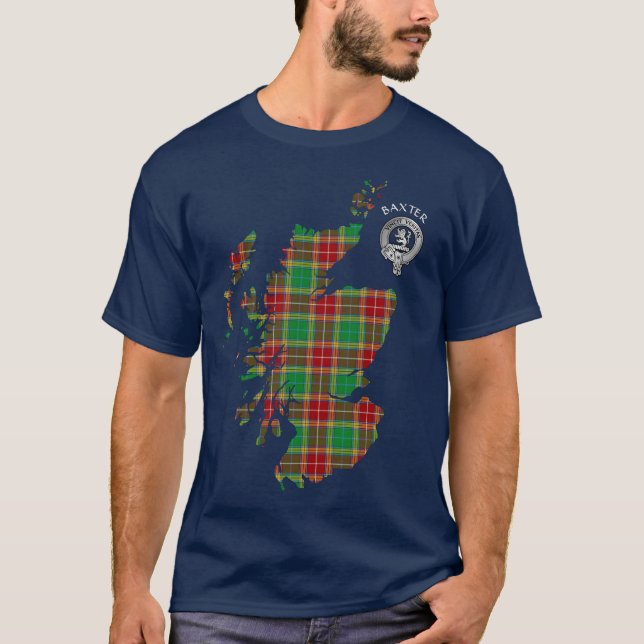 Clan Baxter Tartan Map & Crest T-Shirt (Frente)