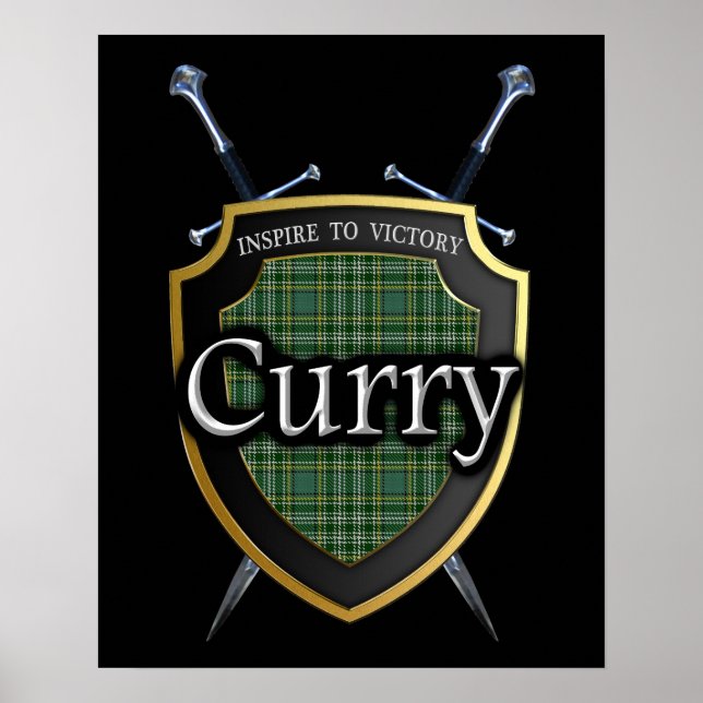Clan Currie Curry Tartan Shield & Swords Impressão (Frente)