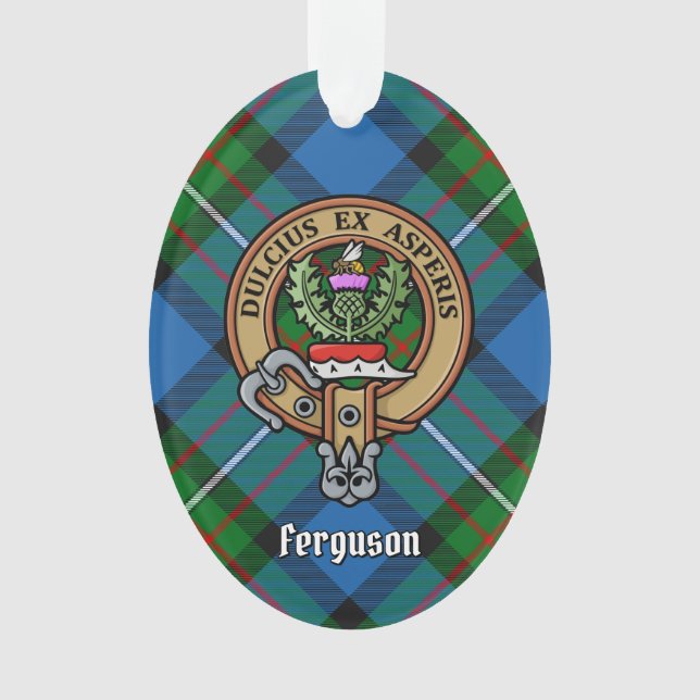 Clan Ferguson Crest sobre Ornamento de Tartan (Frente)