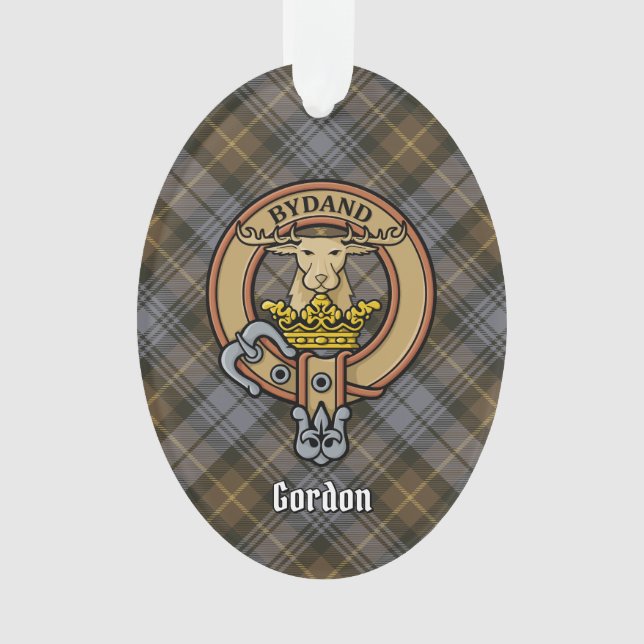 Clan Gordon Crest sobre Ornamento de Tartan em Tem (Frente)