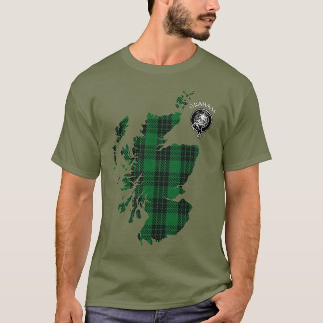 Clan Graham Tartan Map & Crest T-Shirt (Frente)