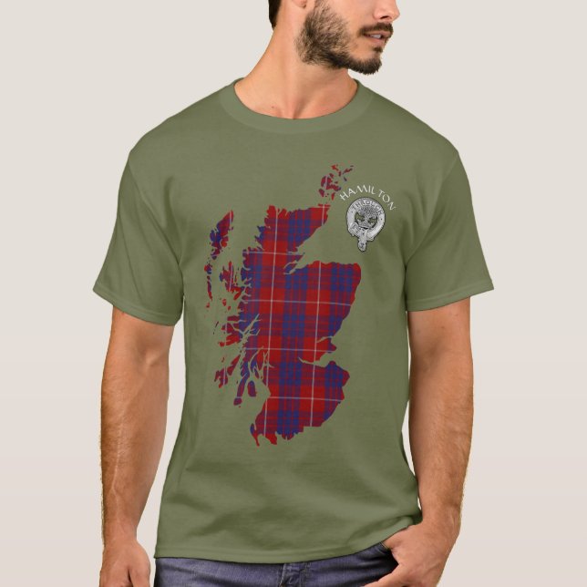 Clan Hamilton Tartan Map & Crest T-Shirt (Frente)