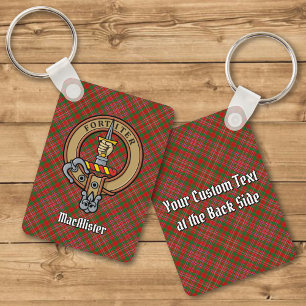 Clan MacAlister Crest sobre Tartan Chaveiro