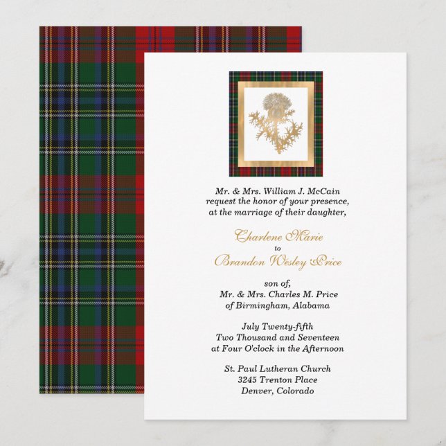 Clan MacClain Thistle Tartan Convite para Casament (Frente/Verso)