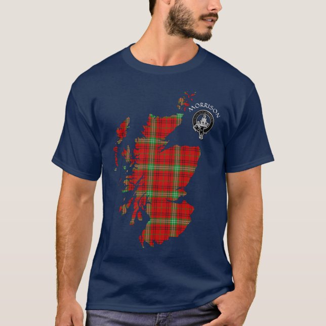 Clan Morrison Tartan Map & Crest T-Shirt (Frente)