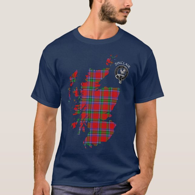 Clan Sinclair Tartan Map & Crest T-Shirt (Frente)