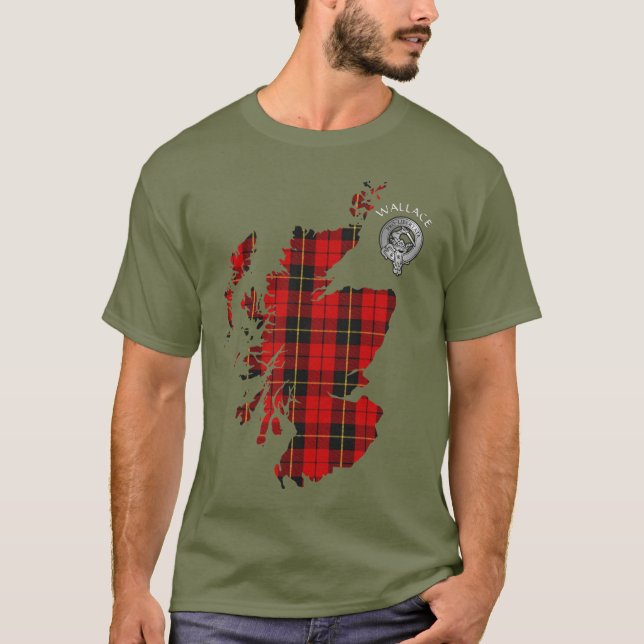 Clan Wallace Tartan Map & Crest T-Shirt (Frente)