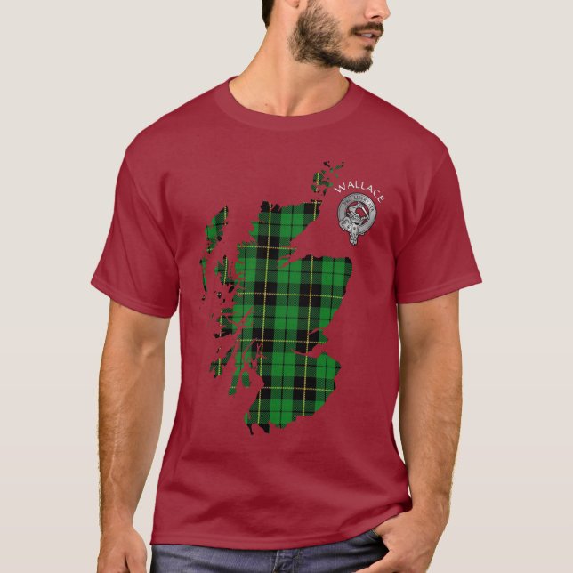Clan Wallace Tartan Map & Crest T-Shirt (Frente)