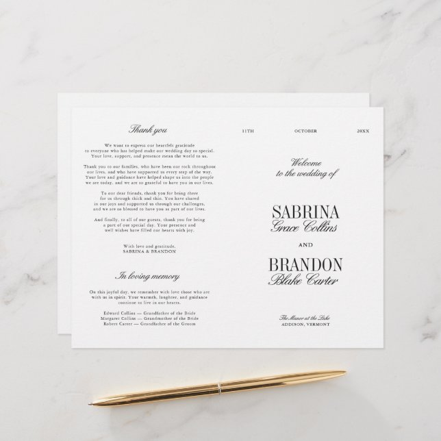 Classic Black & White Modern Wedding Program (Frente/Verso In Situ)