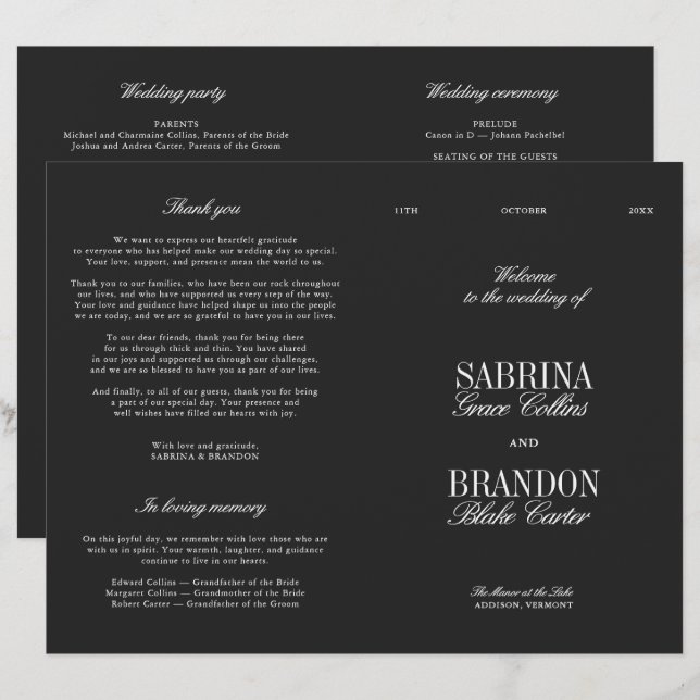 Classic Black & White Modern Wedding Program (Frente/Verso)