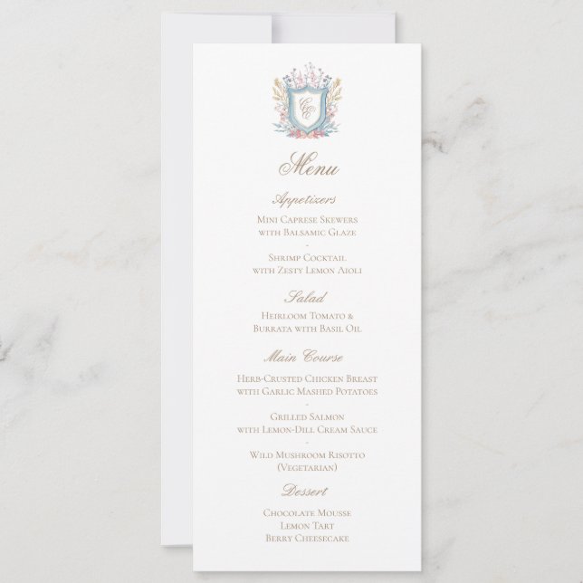 Classic Floral Monogram Crest Wedding Menu Card (Frente)