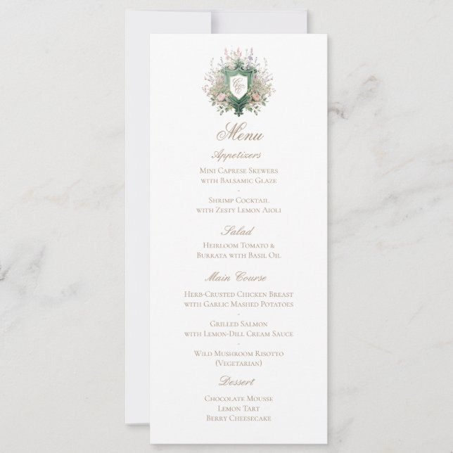 Classic Floral Monogram Crest Wedding Menu Card (Frente)