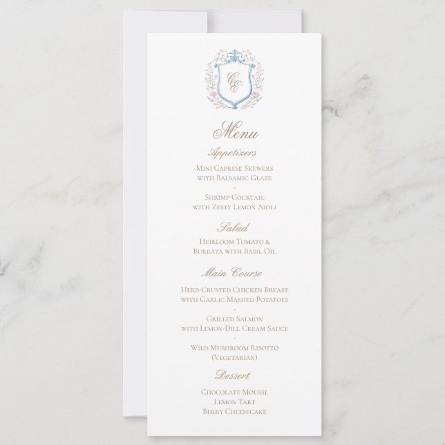 Classic Floral Monogram Crest Wedding Menu Card (Frente)