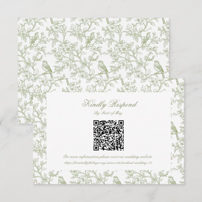 Classic Green Floral and Bird Toile QR code RSVP (Frente/Verso)