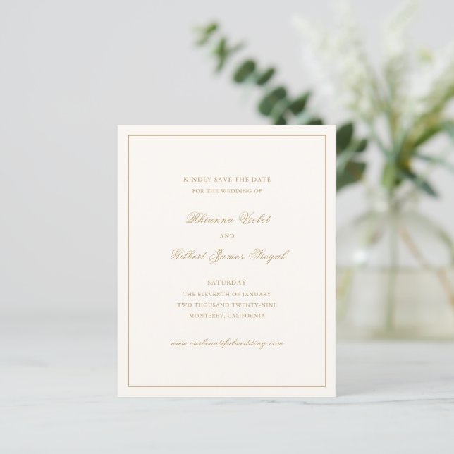 Classic Ivory and Gold Budget Wedding Save Date (Em pé/Frente)