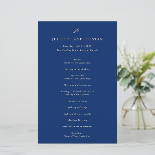 Classic Navy and Cream Elegant Wedding Program (Em pé/Frente)
