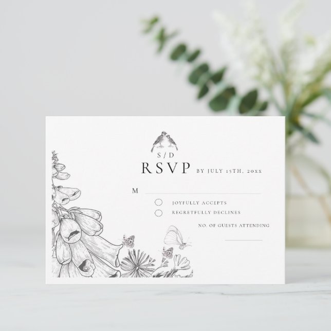 Classic White Black Floral Wedding  RSVP Card (Em pé/Frente)