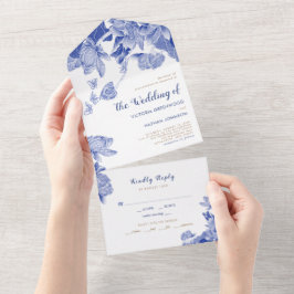 Clássico Azul & Branco Lotus Floral Chinoiserie