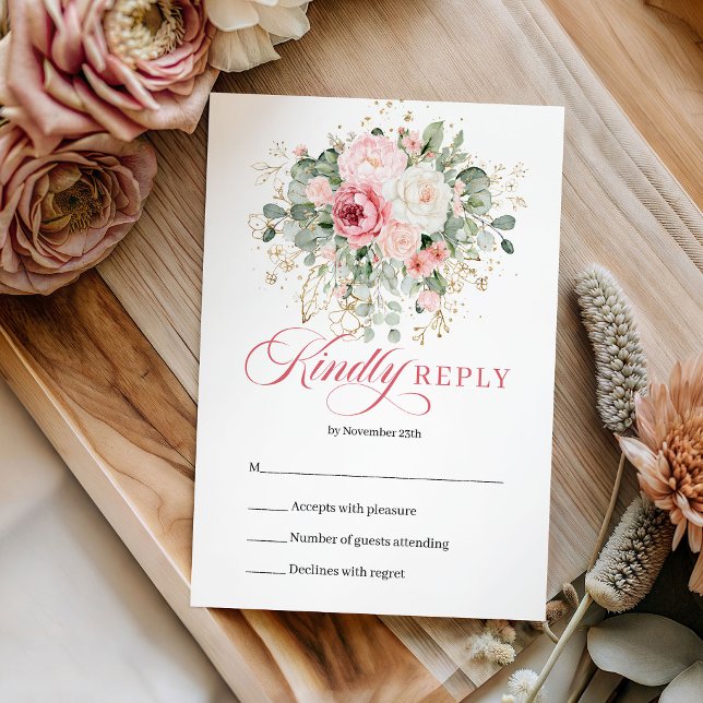 Clássico Boho Rosa Floral Verde Casamento RSVP  (Classic Boho Blush Floral Greenery Wedding RSVP Card

)
