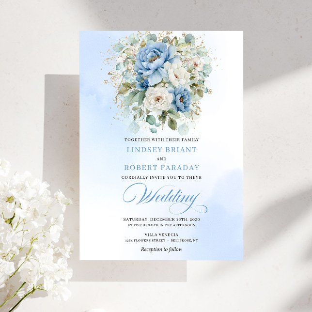 Clássico Convite de Casamento em Aquarela Floral A (Classic Dusty Blue Floral Watercolor Wedding Invite)