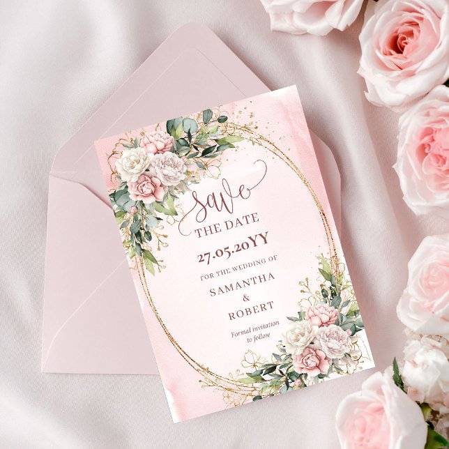 Clássico Convite Floral Aquarela Rosa Po dusty Sav (Classic Watercolor Dusty Pink Floral Save The Date)