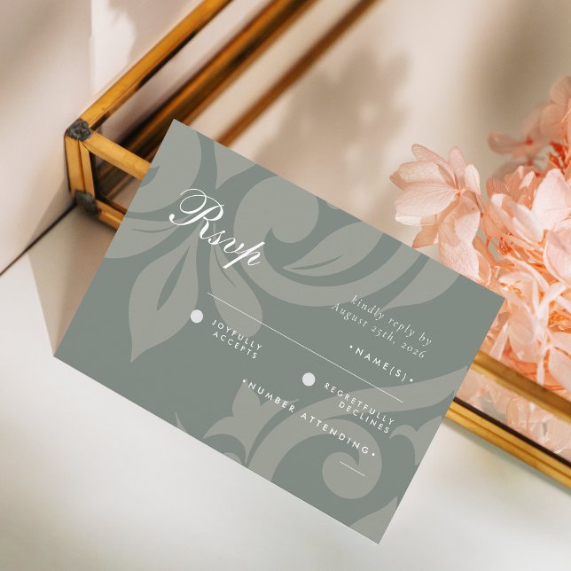 Clássico Damask Earthy Olive Photo Wedding RSVP (Criador carregado)