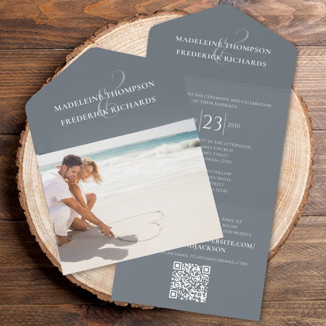 Clássico de RSVP Online de Cinzas Elegantes de Cód (Simple elegant grey wedding invitation all in one style with photo template. )